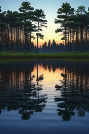 Sunset reflection landscape in lakeside forestの素材
