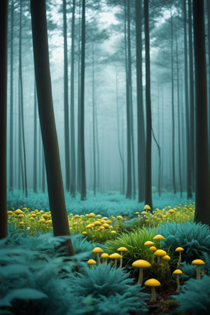 Yellow mushrooms and green vegetation in the forestの素材