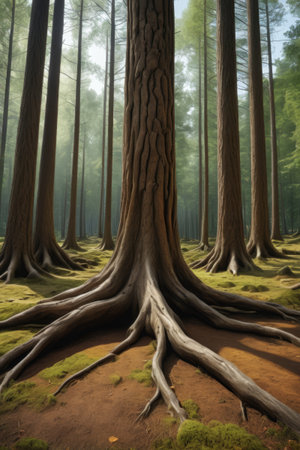 Tall trees and root-winding landscapes in the forestの素材