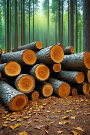 Log materials piled in the forestの素材