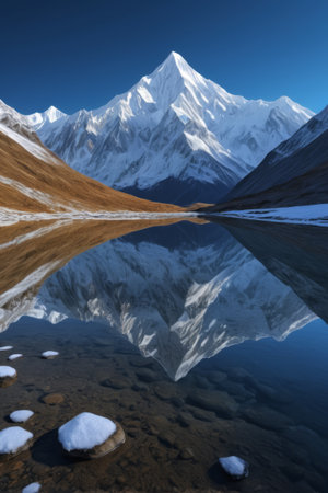 Panoramic view of natural scenery reflecting the snow-capped mountainsの素材