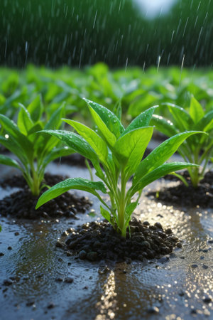 Green plants growing in the rainの素材