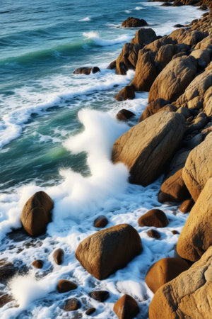 The waves crashing on the rocks on the shoreの素材