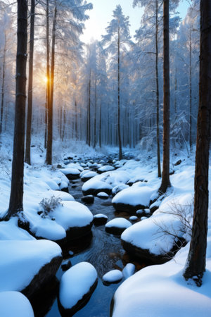 Winter snow-covered forest stream landscapeの素材