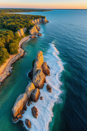 Aerial view of coastal reefs and green plantsの素材