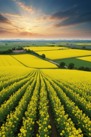 Panoramic view of yellow rapeseed fields at sunsetの素材