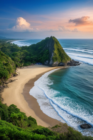 Beautiful beach scenery with mountains and seaの素材