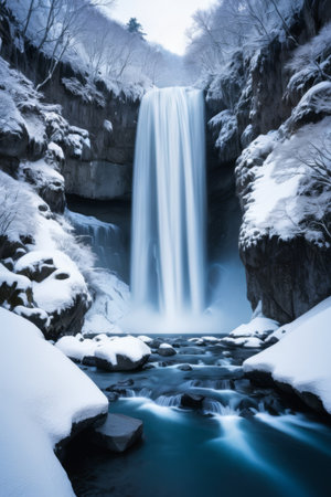 Natural waterfall landscape in winter snowの素材