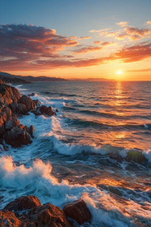 Sunset waves crashing on the reef on the coastの素材
