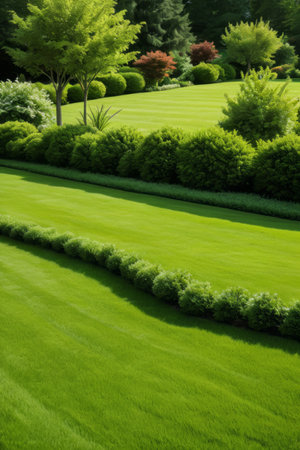 Neatly manicured green garden lawn landscapeの素材