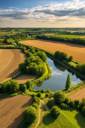 Aerial footage of natural scenery of fields and riversの素材