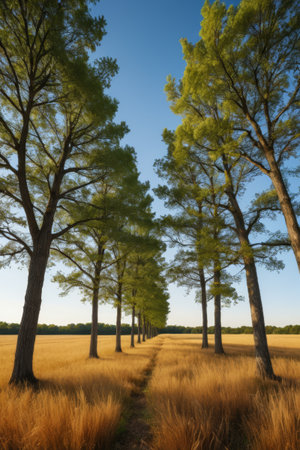 Green trees neatly arranged in the fieldsの素材