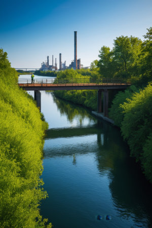 River bridge and distant industrial facilities landscapeの素材