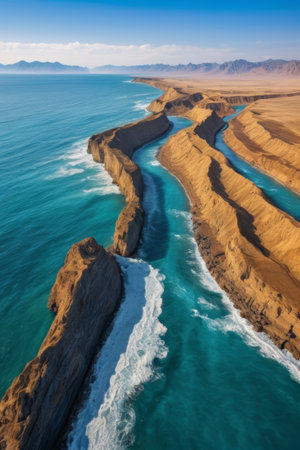 Winding rocks and blue ocean on the coastの素材