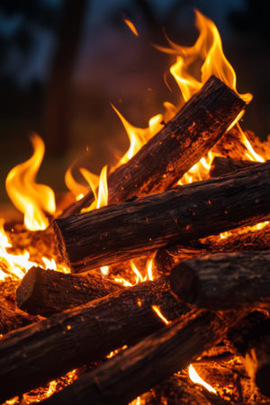 Close-up of burning campfire woodの素材