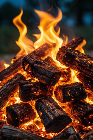 Close-up of wood from a burning campfire outdoorsの素材