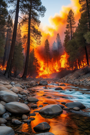 A view of the river flowing beside the forest wildfireの素材