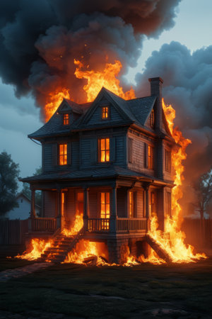 Burning two-story wooden houseの素材