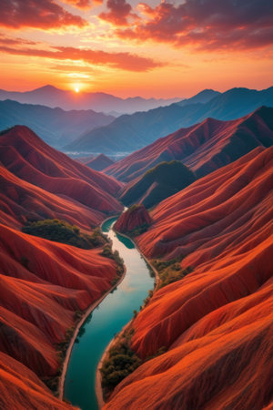 Mountain river sunset natural sceneryの素材