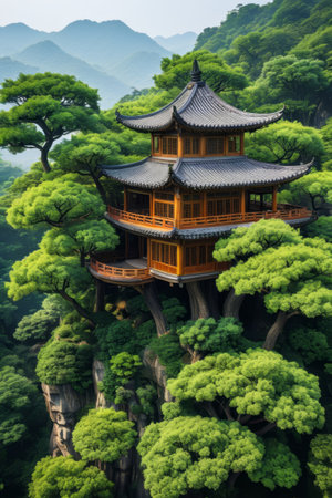 Scenery of Chinese-style pavilions in the mountains and forestsの素材