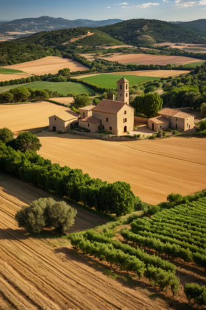 Quaint buildings in rural fieldsの素材