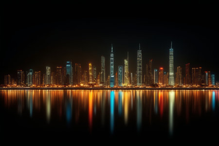 City night view of tall buildings and reflections on the waterの素材