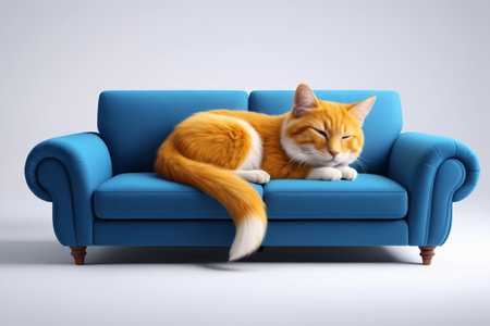 Orange cat rests on the blue sofaの素材