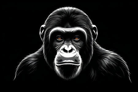 Close up of a gorilla's head on a black backgroundの素材