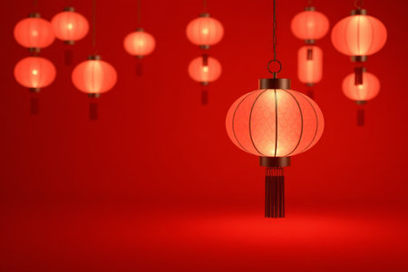 Chinese lantern hanging on a red backgroundの素材