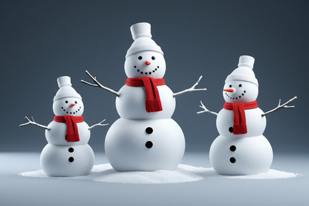 Three snowmen wearing hats and scarvesの素材