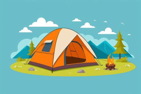 Outdoor camping tent and campfire sceneの素材