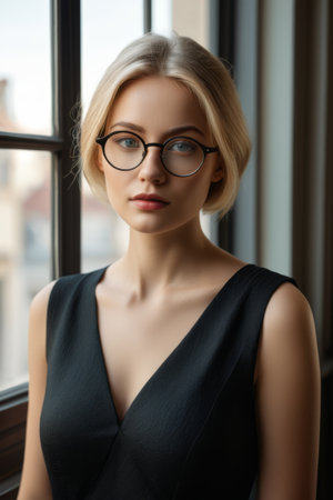 Smiling female yellow top portraitの素材