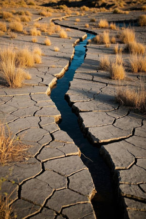 Narrow water flow in dry cracked landの素材