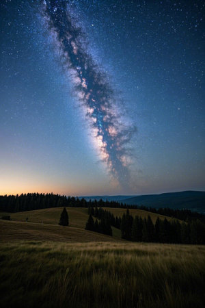 Night view of the starry sky on the grassland forestの素材