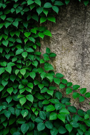 Green vines beside the stone wallの素材