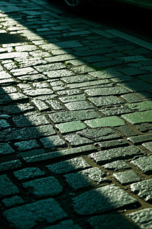 Outdoor brick and stone pavement with mottled light and shadowの素材