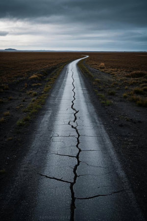 A winding, cracked road in the wildernessの素材