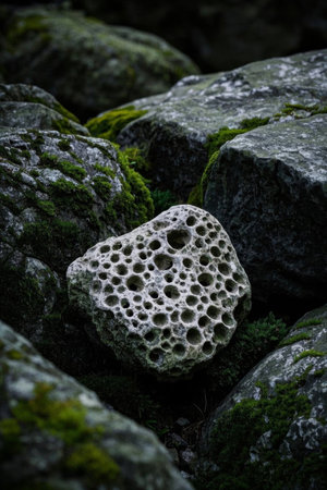 Natural scene with holes, rocks and mossの素材