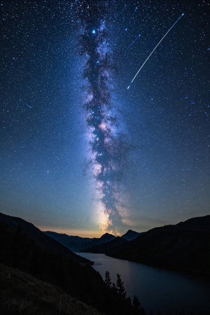 Valley lakes and galactic landscapes under the night skyの素材