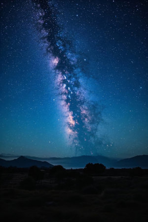The Milky Way and distant mountain landscapes under the night skyの素材