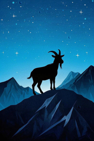 Goat starry sky background standing high in the mountainsの素材