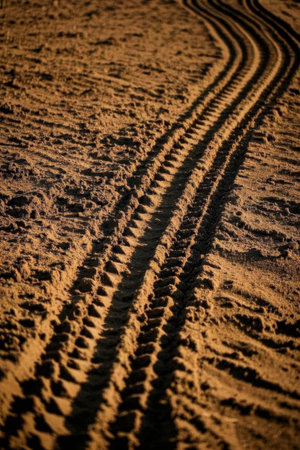 Vehicle tire tracks on the sandの素材
