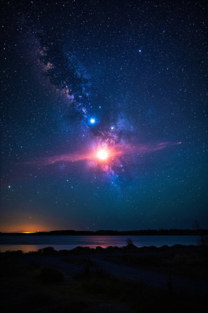 Night view of the lake under the starsの素材