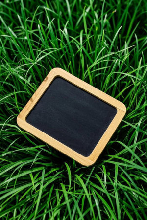 Small wooden blackboard on the grassの素材