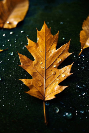 Close up of autumn fallen leaves with water beadsの素材