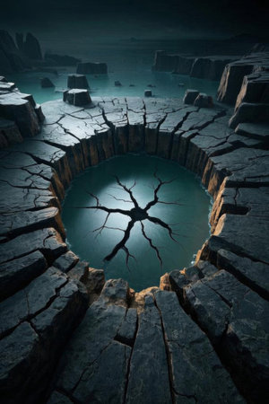 Ground cracking forms a circular puddle sceneの素材