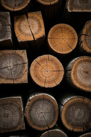Close up of stacked log timbersの素材