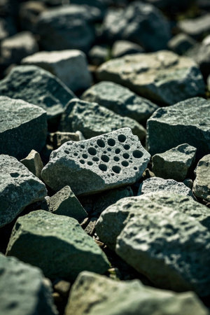 Close up of porous rocks and surrounding rubbleの素材