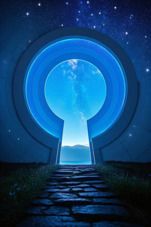 Keyhole shaped channel leads to starry sky sceneryの素材