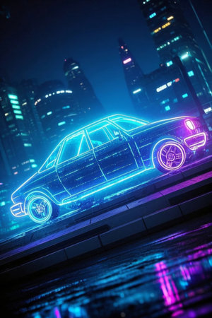 Cars outlined by neon lines in the city night viewの素材